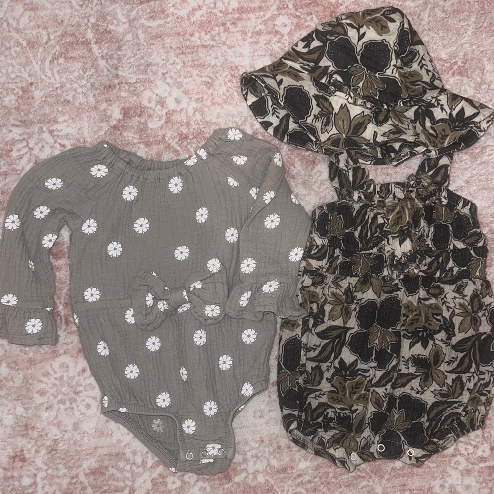 3 piece fall bundle- cotton rompers- camo smocked tank +hat & long sleeve sage